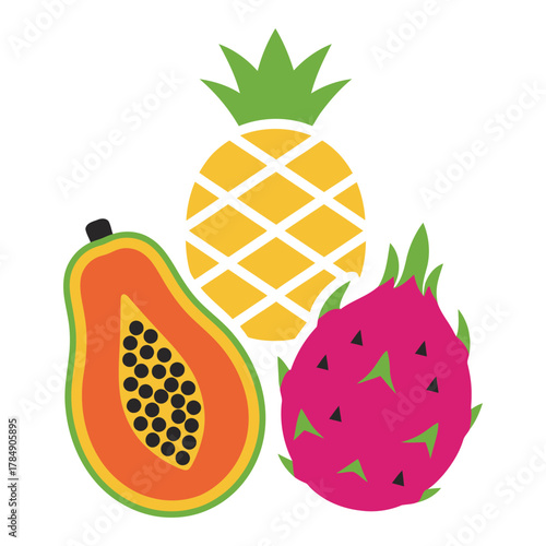 a minimalist modern vector icon of an exotic fruit arrangement, using papaya orange, dragon fruit pink, and pineapple yellow hues, isolated on a solid white background.