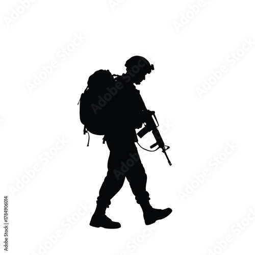 Silhouette of a soldier walking with a rifle and backpack against a white background