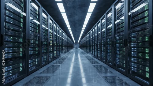 A long aisle in a server room with rows of computer racks on either side lit by fluorescent lights on the ceiling