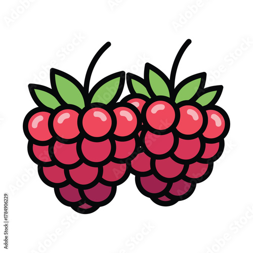 a minimalist modern vector icon of a raspberry cluster, using pink-red, magenta, and forest green hues, isolated on a solid white background.