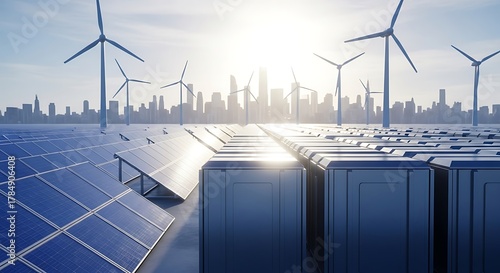 Renewable energy farm with solar panels, wind turbines, and battery storage in front of a city skyline background