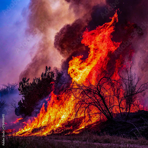 Raging Wildfire Consuming Vegetation with Intense Flames and Thick Smoke Plume