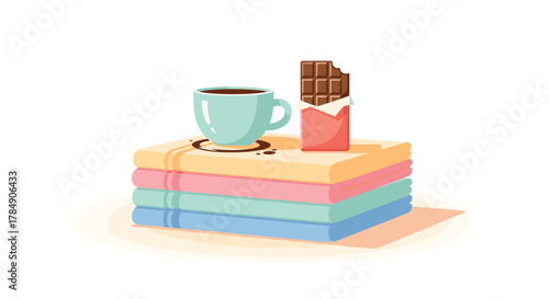 Cozy moment of relaxation with hot chocolate and chocolate bar resting on colorful folded blankets, perfect for comfort and self care