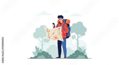 Adventurous young man with backpack navigates a trail using a map and smartphone, ready for exploration and discovery
