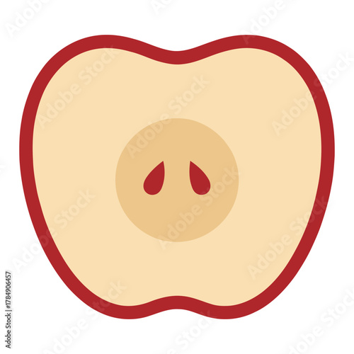 a minimalist modern vector icon of a red apple half, using cherry red, warm beige, and light brown tones, isolated on a solid white background.