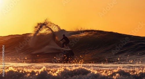 Fototapeta Naklejka Na Ścianę i Meble -  Professional surfer carving a big ocean wave at sunset. Silhouette of an athlete in action. Extreme watersport for an active lifestyle. Golden light on a summer vacation adventure
