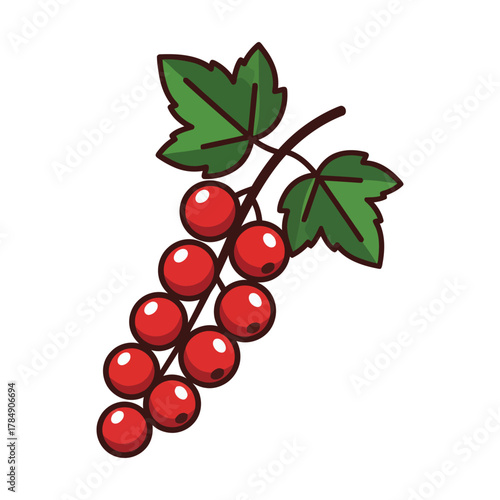 a minimalist modern vector icon of a red currant branch, using ruby red, dark green, and muted brown tones, isolated on a solid white background.