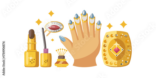 Golden manicure with gems and sparkles. Bottle of nailpolish, trendy accessories.