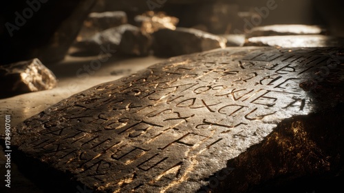 Ancient Inscribed Stone Tablet with Hieroglyphics and Weathered Surface in Dim Light