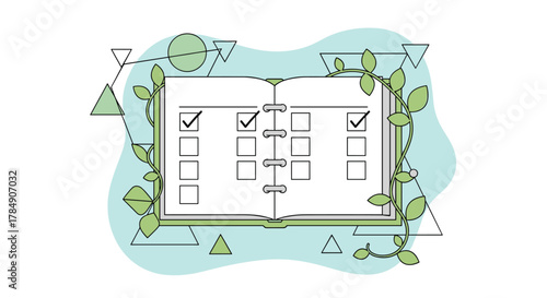Organized checklist and growing plant motif, inspiring progress and mindful planning for a successful future