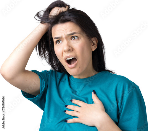 Portrait of attractive lady holding hands on head. Human face expressions and emotions.