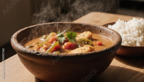 Fototapeta Naklejka Na Ścianę i Meble -  Delicious and Steaming Bowl of Curry with Rice.