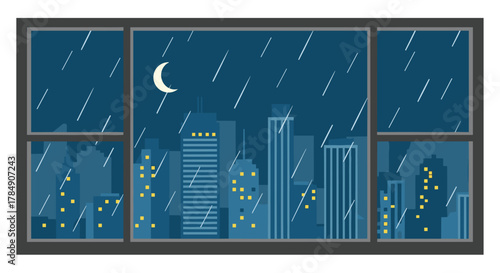 Cozy apartment view of a rainy city night with glowing windows and a crescent moon through the windowpane