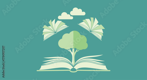 Vibrant tree of knowledge blossoms from open book, symbolizing growth, education, and wisdom reaching towards the clouds