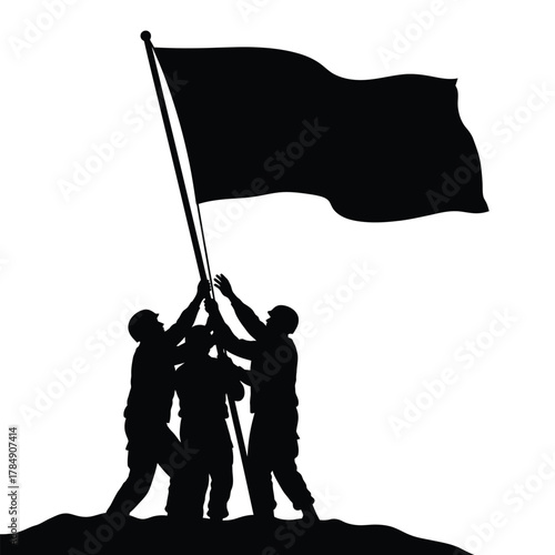 Silhouette of soldiers raising a flag on a hill against a white background