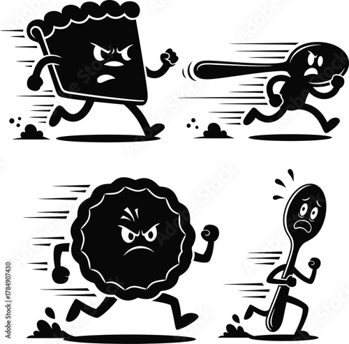 Cartoon food chase scene featuring pie tart and spoons