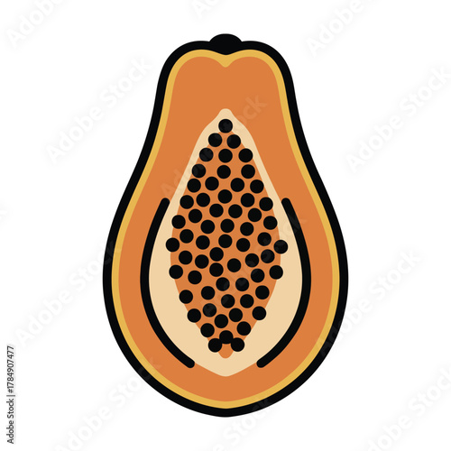 a minimalist modern vector icon of a ripe papaya, using orange, black seed cluster, and light beige hues, isolated on a solid white background.