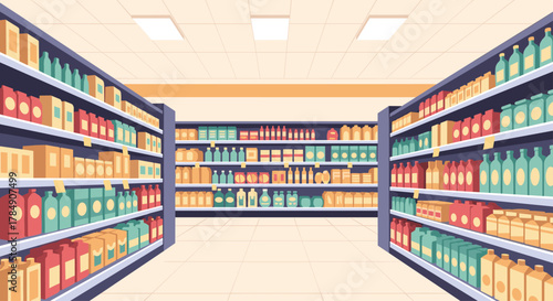 Vibrant grocery store aisles stocked with colorful products creating a feeling of abundance and choice for shoppers