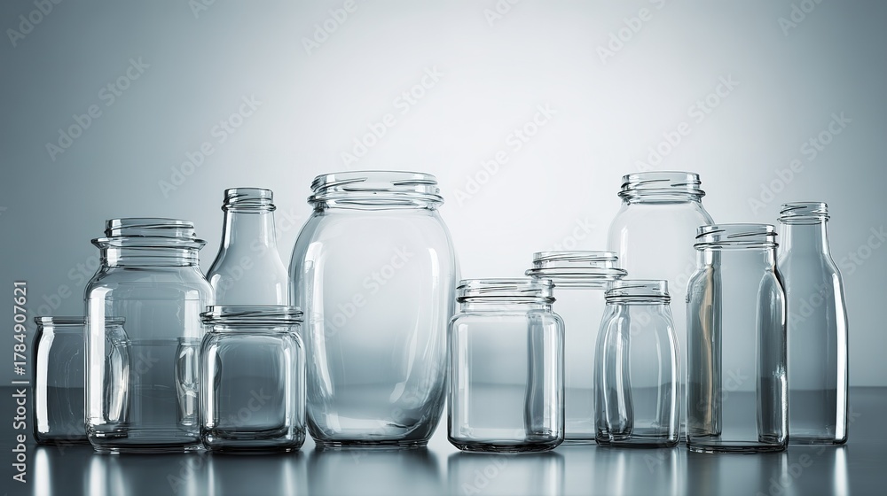Variety of empty glass jars on reflective surface