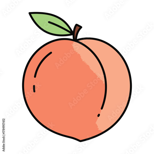a minimalist modern vector icon of a ripe peach with leaf, using coral orange, soft pink, and gentle green hues, isolated on a solid white background.