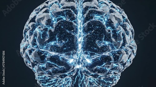 A translucent brain with glowing blue electrical patterns is set against a dark background