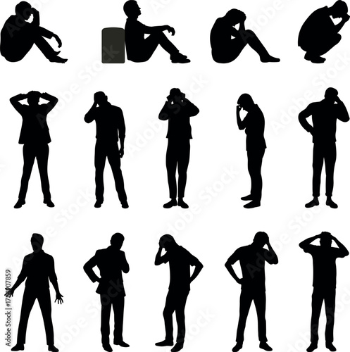 Silhouettes of frustrated and depressed men in different poses. Mental health and emotion concept