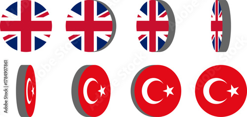 3D Style 8-Frame Sprite Sheet of Rotating Round Circular United Kingdom and Turkey Flags for English and Turkish Language Selection 2D Animation in Game and App Interface. Vector Image.