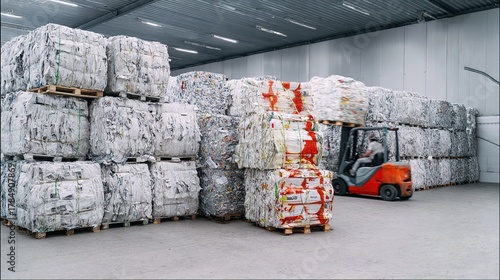 Warehouse with stacked paper bales and forklift in motion