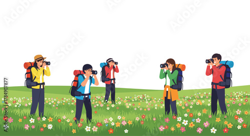 Adventurous explorers capturing stunning nature scenes with cameras amidst vibrant wildflowers and rolling hills