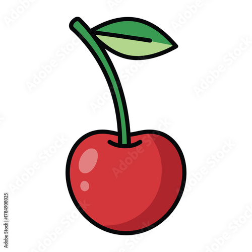a minimalist modern vector icon of a single cherry, using vivid red, dark maroon, and green leaf tones, isolated on a solid white background