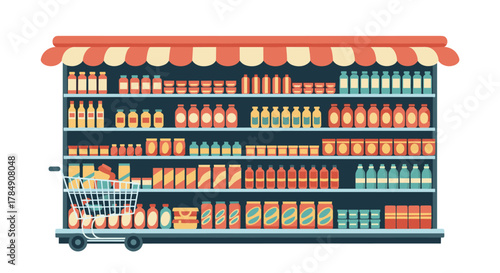 Vibrant grocery store aisle stocked with diverse products, ready for shopping cart convenience and consumer choice