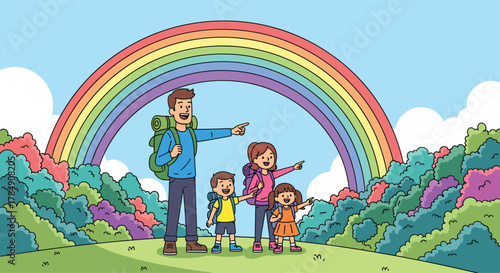 Joyful family with backpacks exploring vibrant landscape under a stunning rainbow, seeking adventure and new horizons together