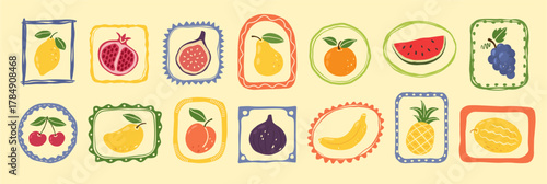 Fruit stamp. Hand drawn healthy food label, tasty sweet tropical fruits. Natural fresh organic stickers. Cartoon doodle lemon, orange and cherry, watermelon and pineapple, banana. Vector isolated set