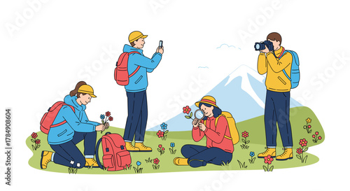 Adventurous explorers document nature's beauty with phones and cameras amidst blooming wildflowers and majestic mountains