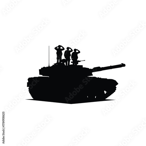Silhouette of soldiers saluting atop a powerful military tank against a white background