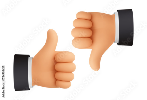 Like and dislike 3D icons. Thumb up and thumb down hand gesture, social media emoji. Good and bad customer review sign, vote symbol. Positive and negative feedback. Soft realistic render vector set