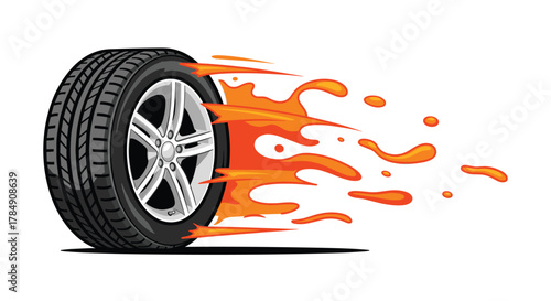 Dynamic car tire streaks forward with fiery motion blur, conveying speed and power for automotive marketing