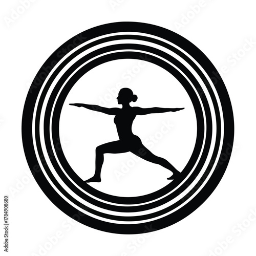 Woman in warrior pose black and white circle design for yoga studio branding