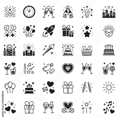 Happy new year gift icon set vector collection black and white