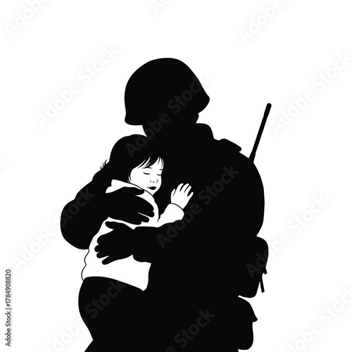 Soldier embracing a child symbolizing hope and protection amidst conflict