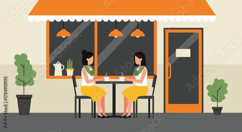 Two friends enjoying coffee and conversation outside a charming cafe on a bright, sunny day