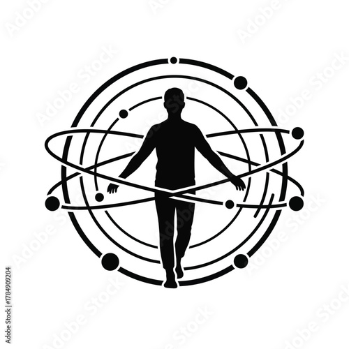 Man walking through abstract orbital rings, representing personal journey and balance