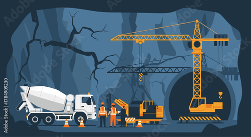 Skilled construction crew orchestrates heavy machinery in challenging underground excavation for major infrastructure project