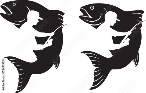Dynamic Fisherman and Fish Negative Space Logos