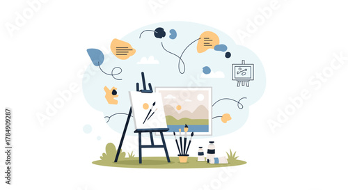 Creative artist painting vibrant landscape on easel with brushes and paints in a whimsical outdoor studio setting