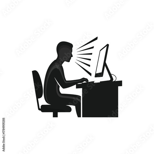 Silhouette man talking at computer desk icon, voice control technology black white vector graphic