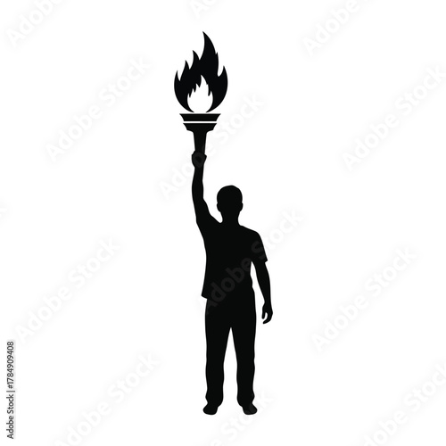 Silhouette of a man holding a burning torch high up light and leadership symbol vector