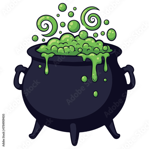 Cartoon Black Cauldron with Green Bubbling Potion, Swirls, and Drips