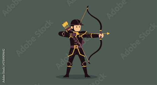 Determined archer in historical armor aims bow with arrow, ready for precision shot, symbolizing focus and skill