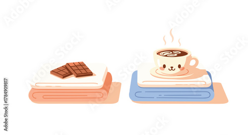 Cozy comfort awaits with sweet chocolate squares and a steaming cup of kawaii coffee on soft folded blankets